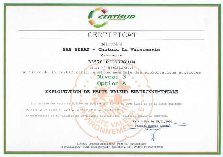 Certifié Haute Valeur Environnementale